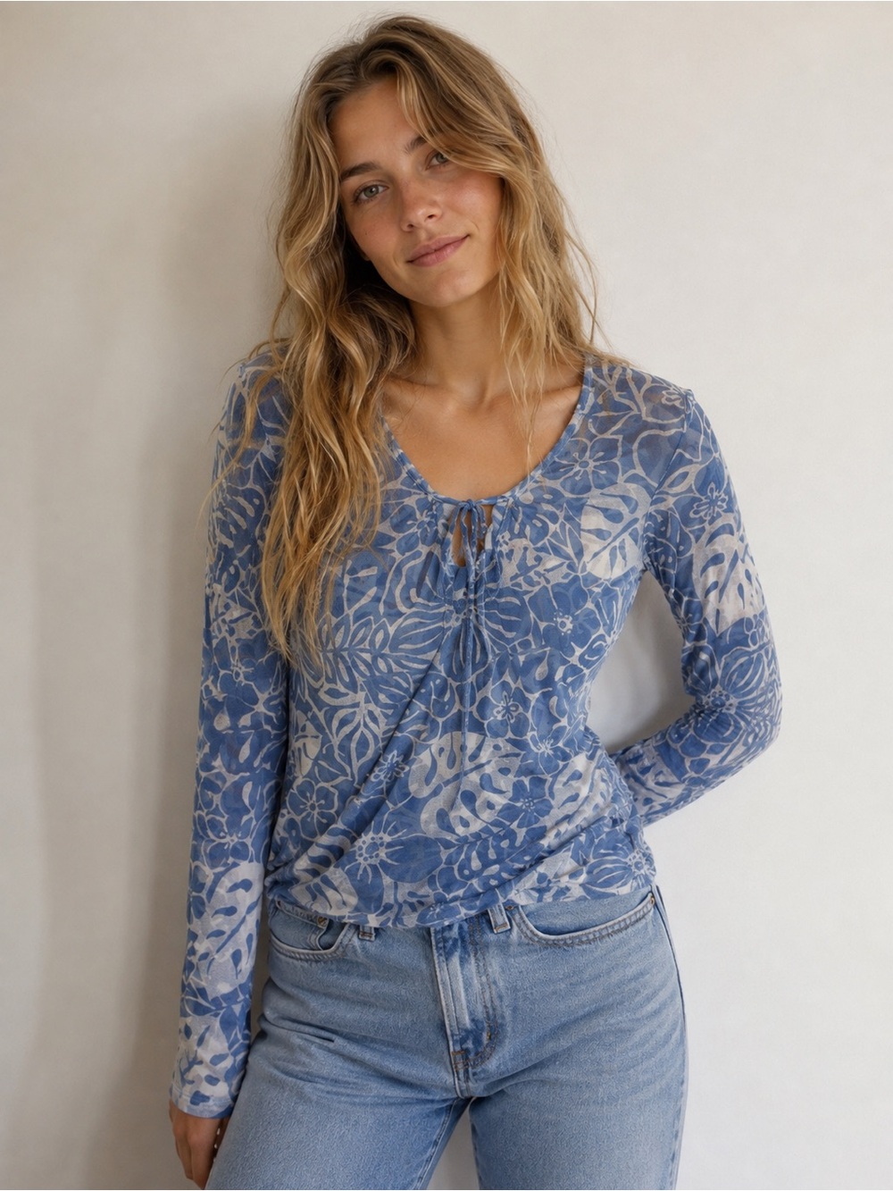 Vintage New York & Company Sheer Mesh Blue Floral Top Womens XS 90's